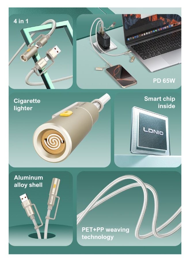 LDNIO 4-in-1 Multi Charger Cable – USB-C 65W + USB-A 50W + Lightning 12W + Cigarette Lighter, Fast Charging for iPhone 17/12 Pro, Android Phones, Tablets & Laptops, 1.2m, High-Speed Data 480Mbps, Aluminum Alloy + PET/PP Weaving - Image 5